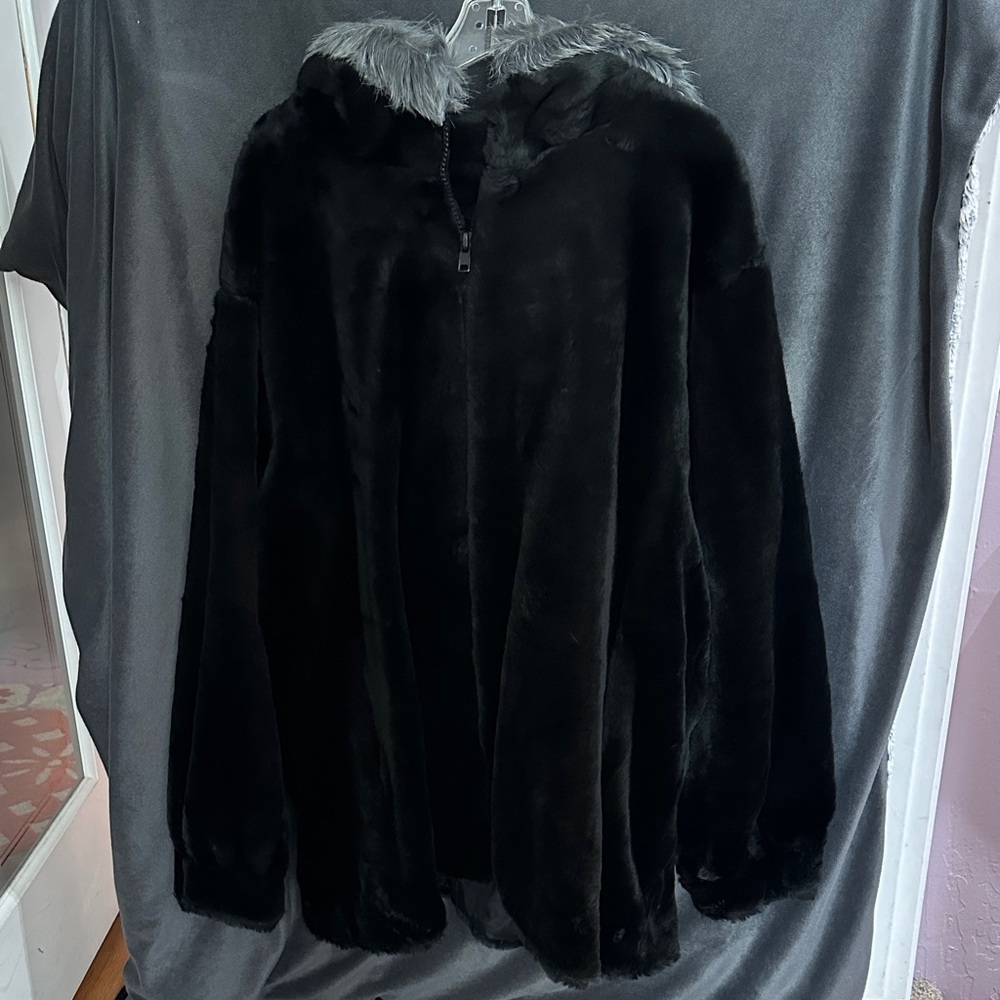 Dennis Basso Black Faux Fur Jacket with Gray Trim